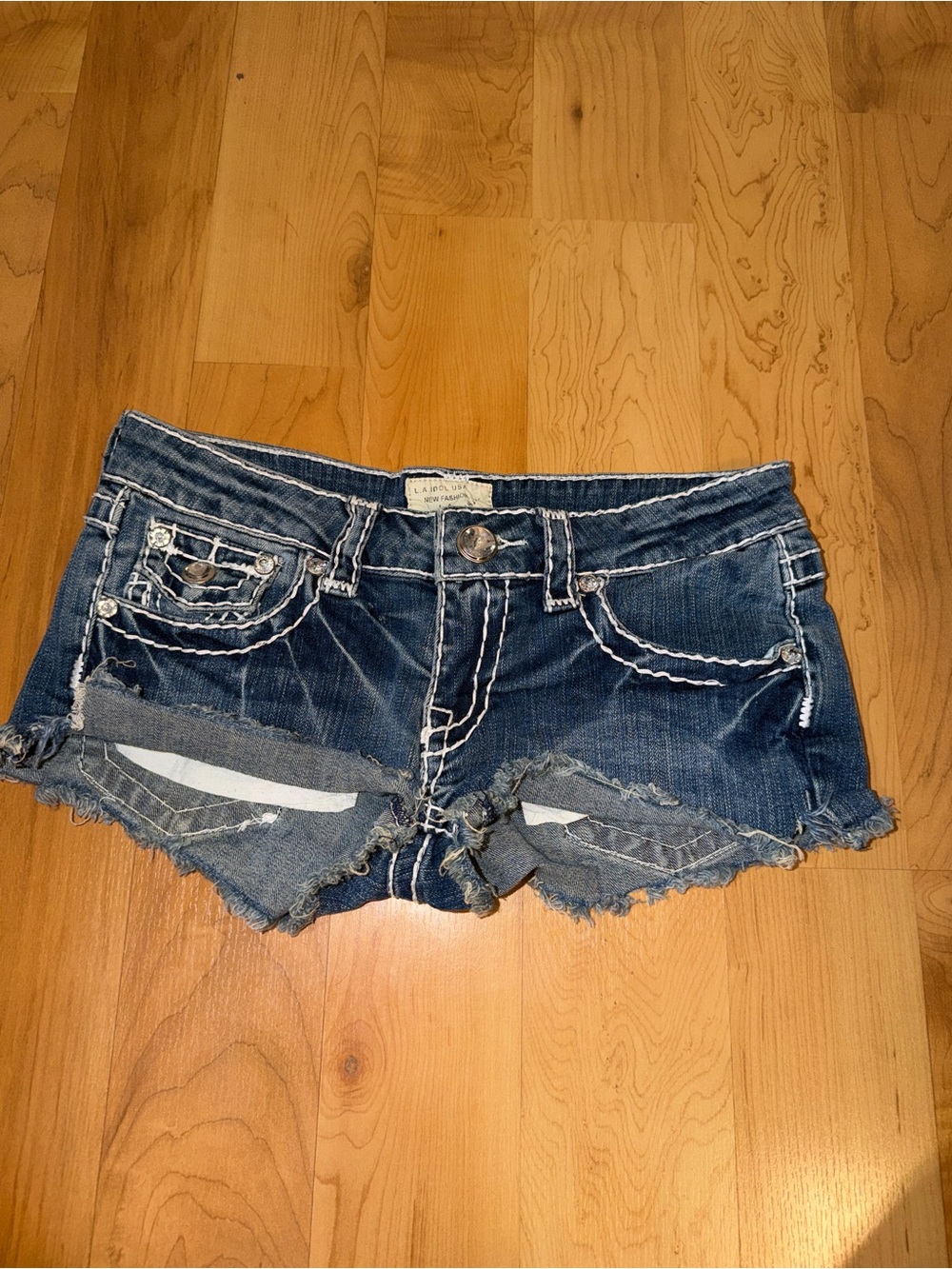 L.A. idol Dark Blue Distressed Frayed super mini denim shorts